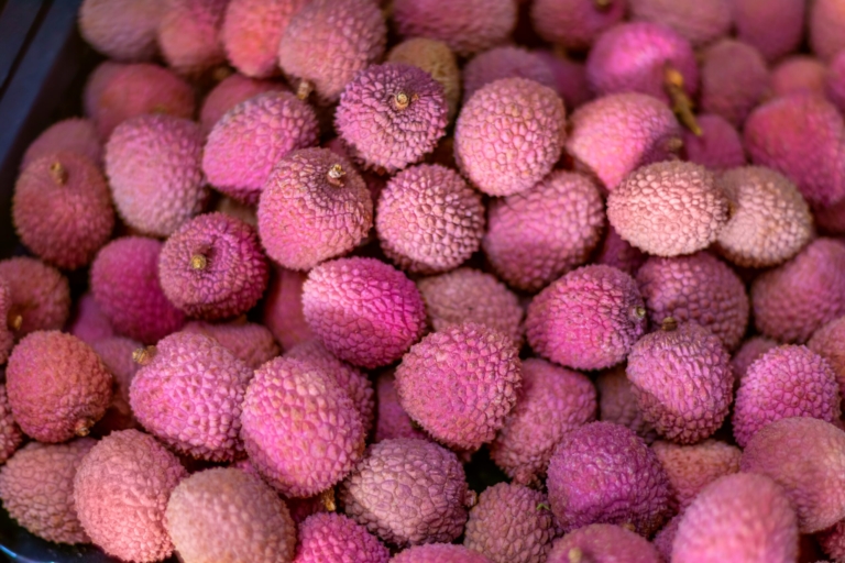 Lychee.,Litchi,Chinensis.,Pink,Food,Background,,Selective,Focus.,Ripe,Lychees.